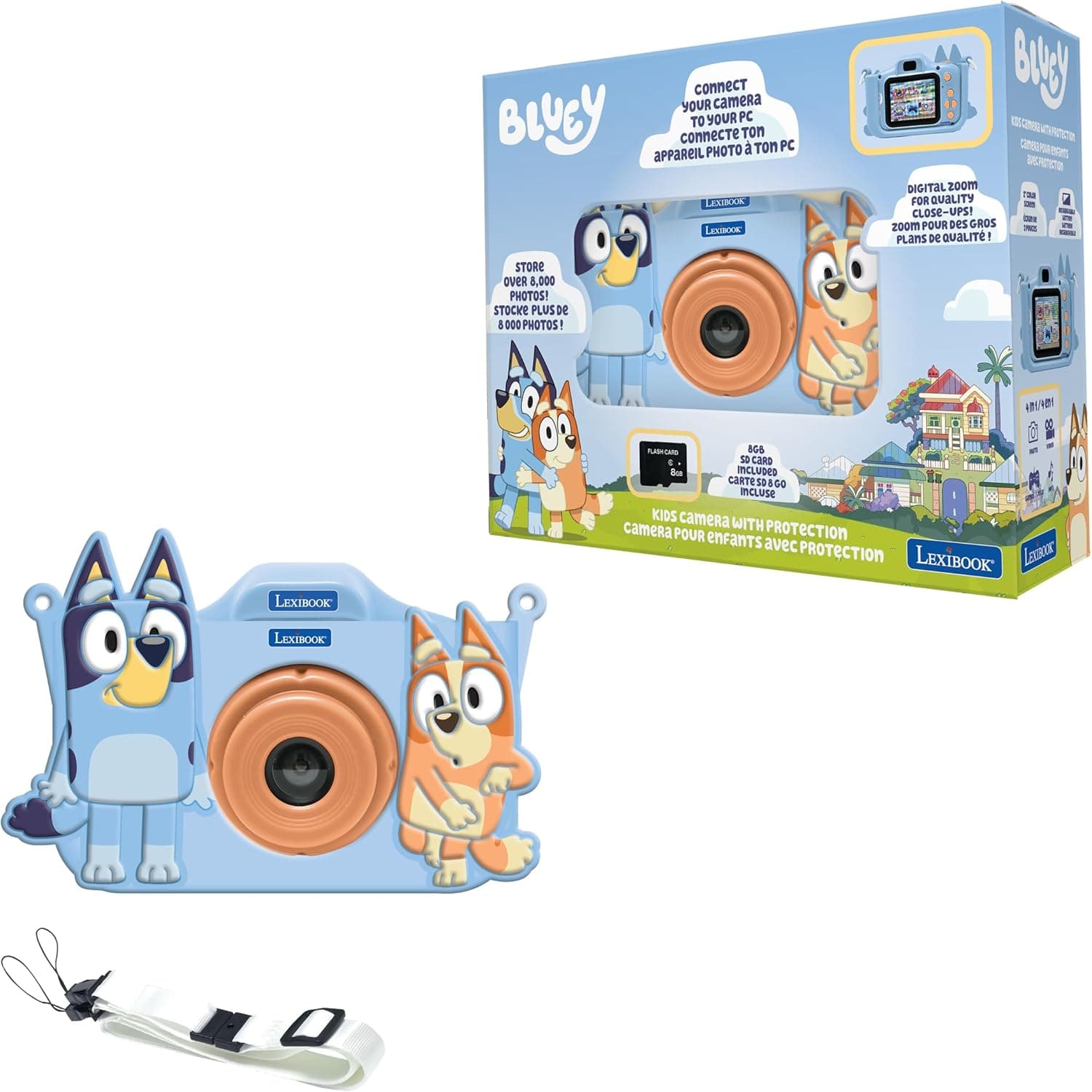 Lexibook Bluey, 4-in-1 Kids' Camera with Protection, Photo, Video, MP3, and Game Functions, 15 Frames to Personalize Your Photos, Includes 8 GB Memory Card, DJ078BY