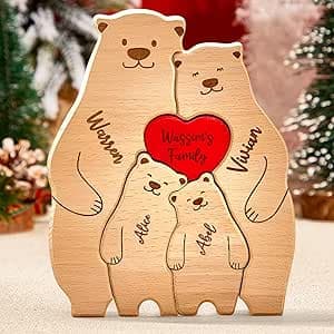 VEELU Personalised Wooden Family Puzzle Bear Name 2-8, Wooden Art Puzzle Sculptures, Mother's Day Gift, Father's Day Gift, Family Gift for Mom Dad Table Decorations